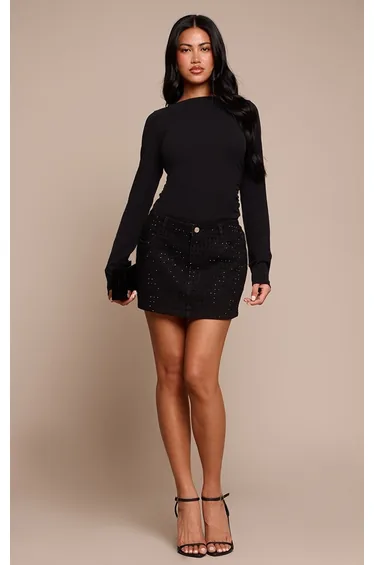 Black Mid Rise Hotfix Micro Mini Denim Skirt
