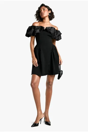 Tall Ruffle Dropped Waist Mini Dress - black