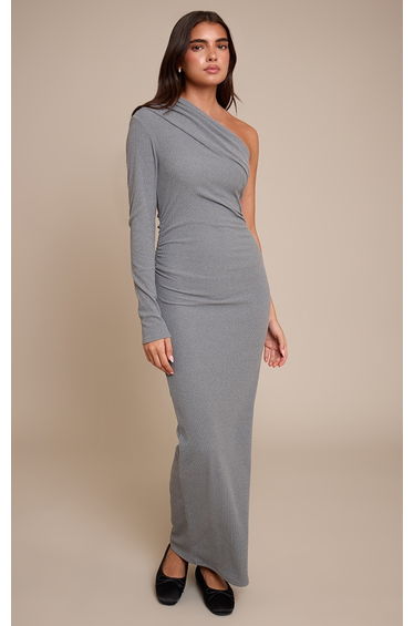 Charcoal Brushed Rib One Shoulder Asymmetric Ruched Maxi Dress