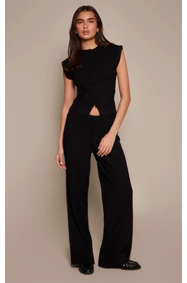 Black Button Down Short Sleeve Knitted Top