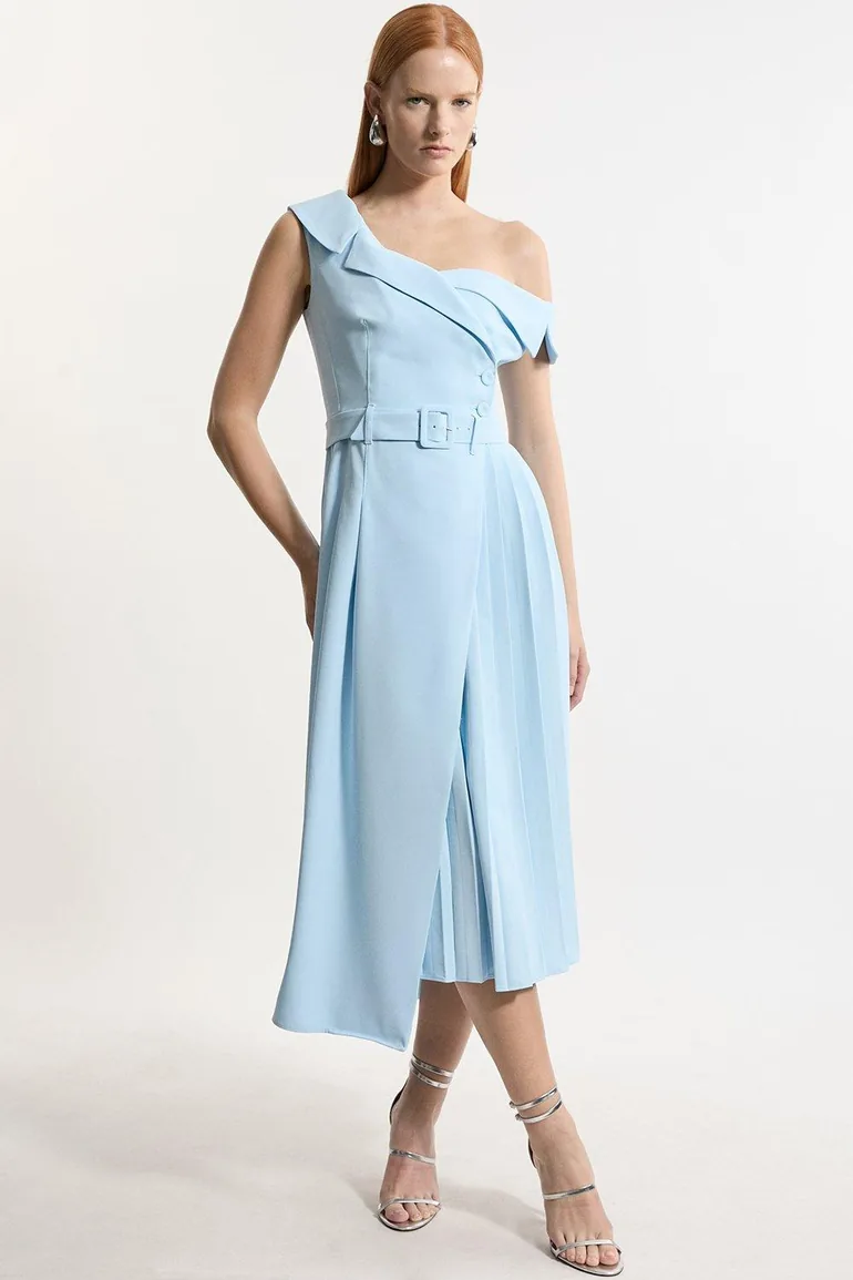navy blue dress for baby girl KAREN MILLEN Tall Tailored Crepe Asymmetric Pleated Midi Dress main image 0