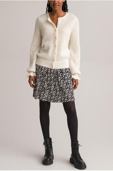 Alpaca Mix Cardigan with Ruffled Cuffs and Crew Neck