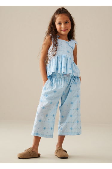 Nellie Tie Waist Embroidered Wide Leg Trousers - Blue