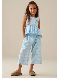 Nellie Tie Waist Embroidered Wide Leg Trousers - Blue