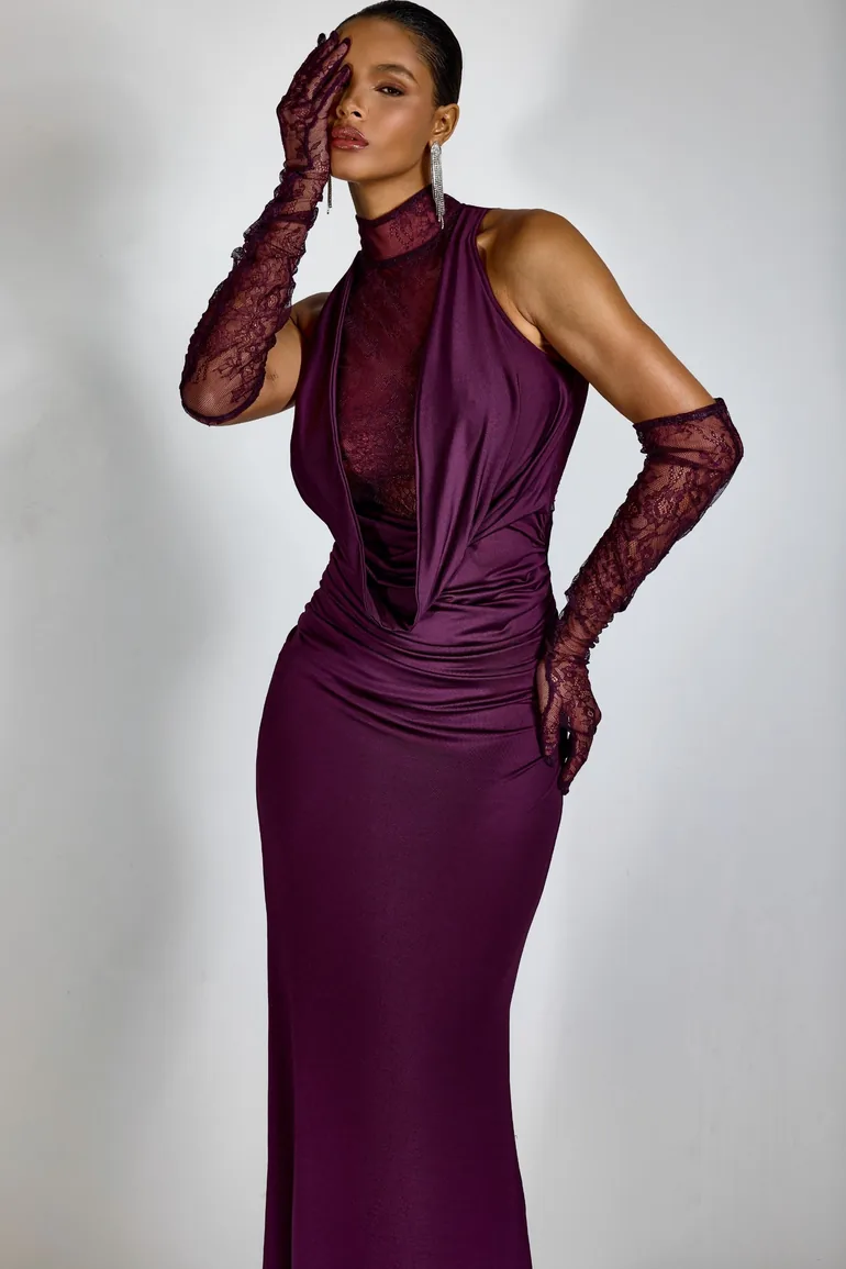 Evelyn Plunging Cowl Lace Bodice Maxi Dress - 5