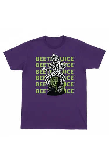 Beetlejuice Boys Pose Cotton Repeat Logo T-Shirt - Purple