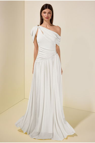 Solid One Shoulder Cape Sleeve Maxi Dress