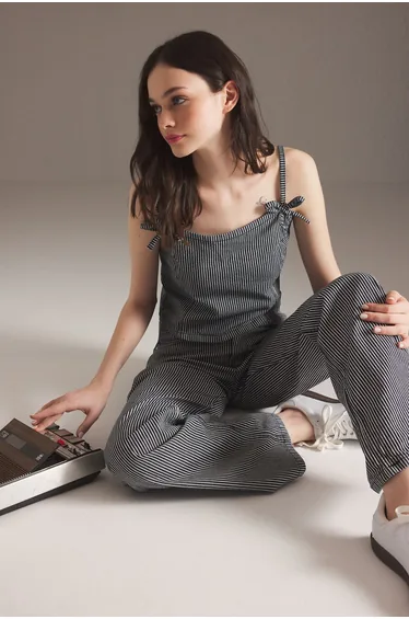 Dark Blue Striped Ribbon/Bow Detailed Thin Strap Denim cami top