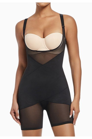 Mesh Tummy Control Mid-Thigh Bodysuit in Black