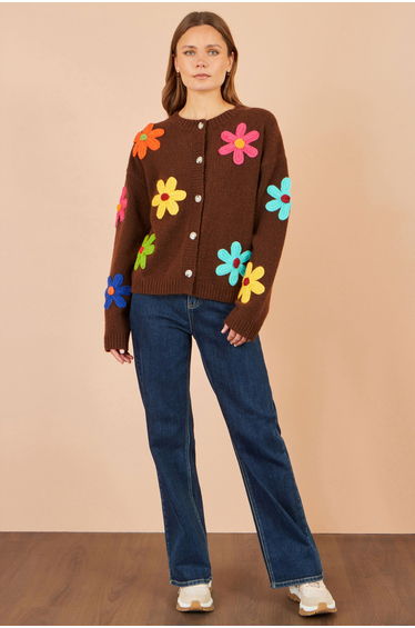 Yumi Brown Knitted Flower Applique Cardigan