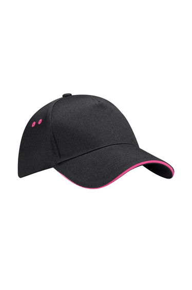 Beechfield 5 Panel Sandwich Peak Baseball Cap - Black/Fuchsia