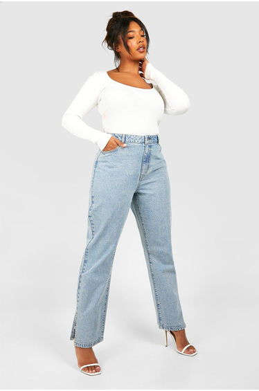 Plus Basics Split Hem Straight Leg Jeans - light blue