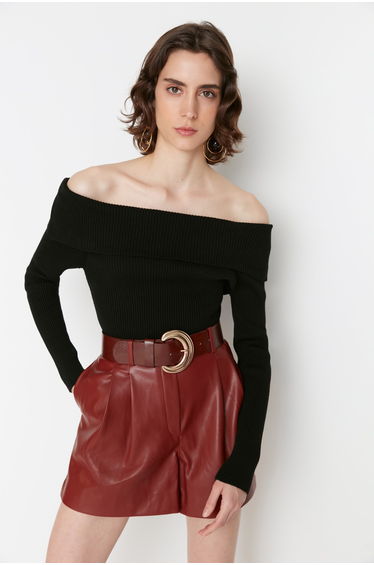 Black Crop Carmen Collar Knitwear Sweater