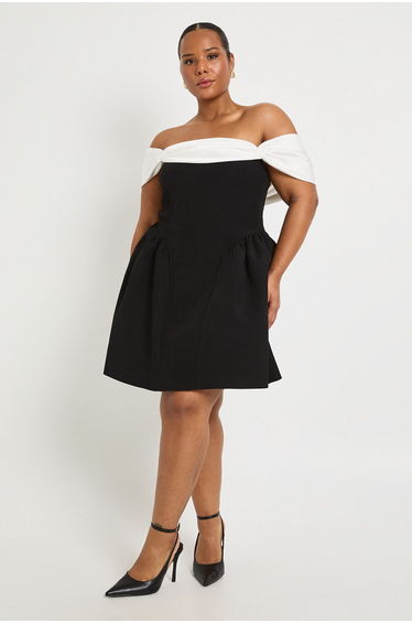 Plus Contrast Drape Detail Mini Skater Dress - black