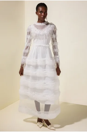 Beaded Frill Round Neck Maxi Dress