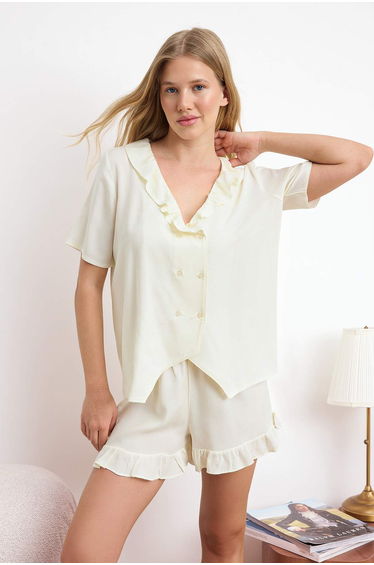 Ecru Plain Shally Woven Pajama Set