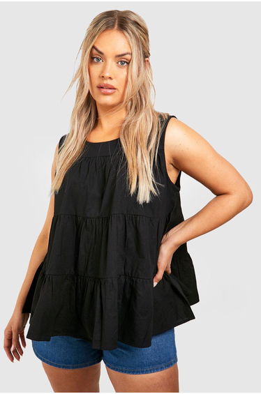 Plus Tiered Poplin Smock Top - black