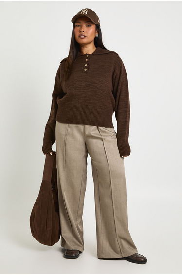 Plus Knitted Henley Collared Jumper - chocolate