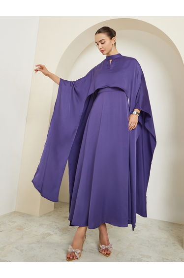 Purple Satin Cape Sleeve A-Line Maxi Dress