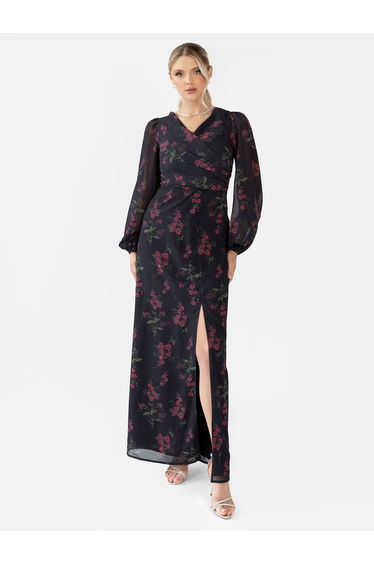 Anaya With Love Recycled Black Floral Faux Wrap Long Sleeve Maxi Dress
