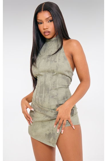 Khaki Washed Twill High Neck Wrap Detail Skort Playsuit