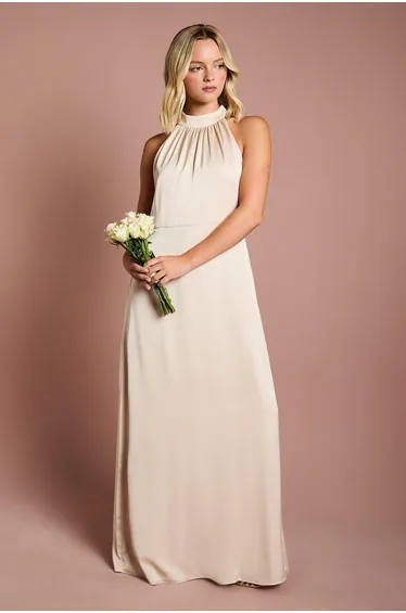 فستان كوست فاشن ستان طول الأرض على شكل حرف A بياقة هالتر