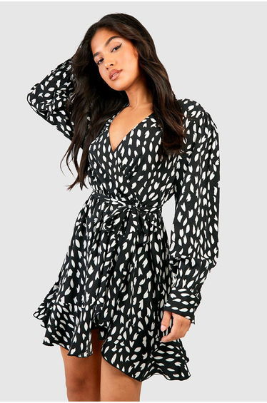 Petite Smudge Print Ruffle Woven Wrap Dress - black