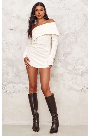 Stone Ribbed Long Sleeve One Shoulder Asymmetric Bardot Mini Dress