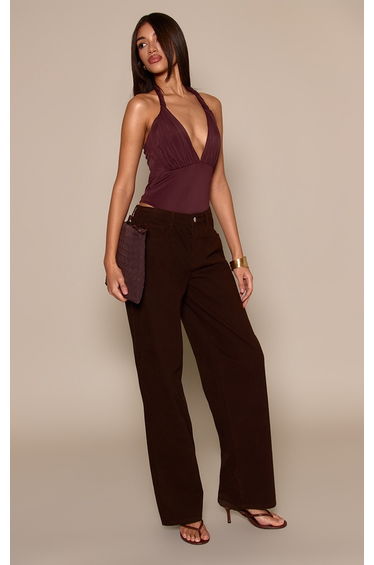 Chocolate Matte Sculpt Twist Halter Neck Bodysuit