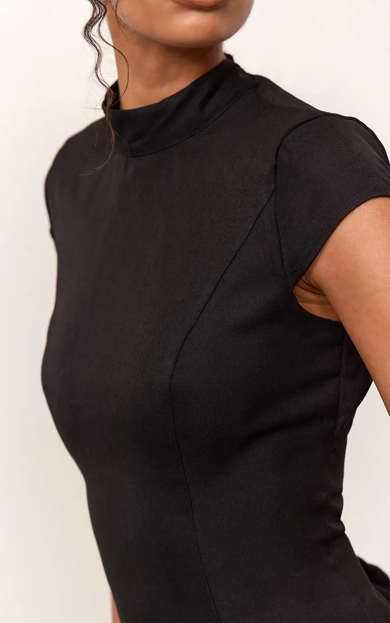 Black High Neck Cut Out Detail Tie Back Top - 3