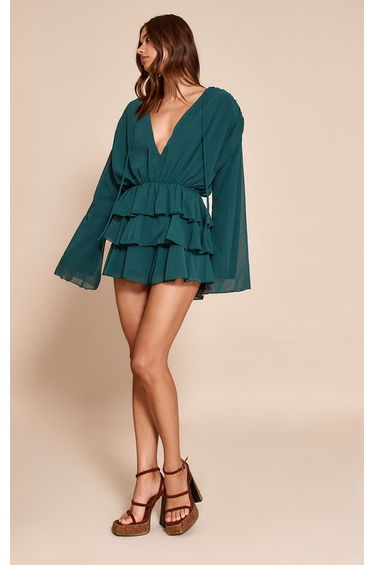 Teal Chiffon V Neck Frill Tiered Playsuit