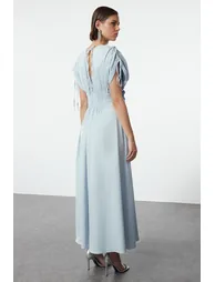 Light Blue 3D Floral Detailed Poplin Elegant Evening Dress - 4