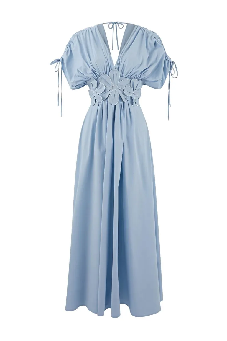 Light Blue 3D Floral Detailed Poplin Elegant Evening Dress - 5