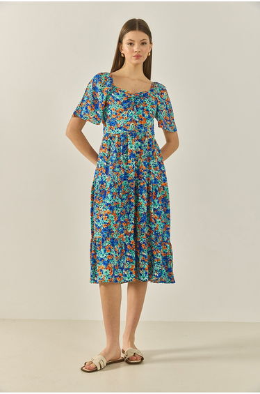 Women's Patterned Carmen Collar Gather Detailed Midi Length Summer Dress