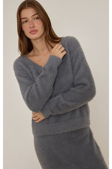 Grey Fluffy V Neck Knitted Oversized Jumper