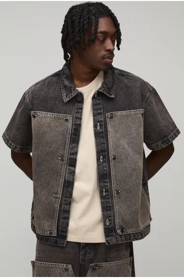 Removable Carpenter Panel Boxy Oversized Denim Shirt - stone