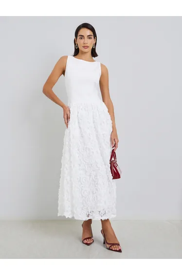 Women White Roses Detail Sleeveless Midi Dress