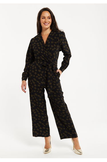 Women's Black Floral Wrap Jumpsuit with Long Sleeves and Tie Belt