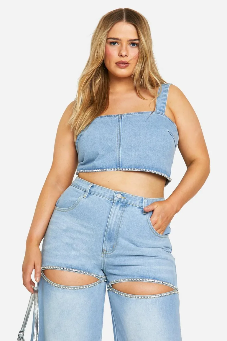 Plus Diamante Trim Denim Top - 1