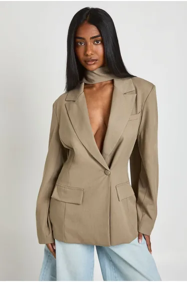 Scarf Detail Cinched Blazer - taupe