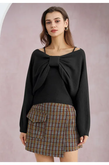 Mesmerizing Bowknot Cami Top and Sweater Set in Black