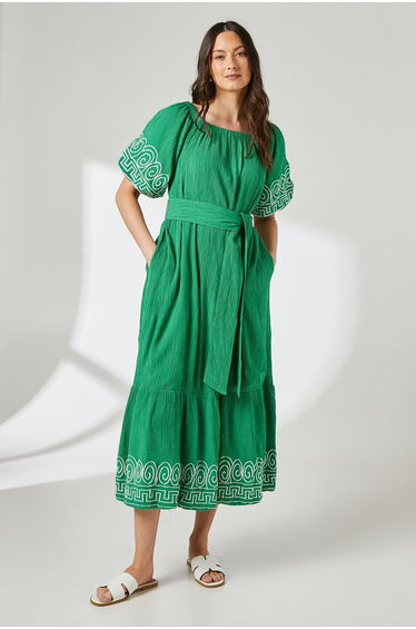 Crinkle Viscose Bardot Bubble Hem Midaxi Dress