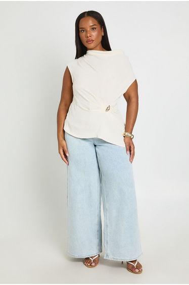 Plus Hammered Asymmetric Gold Trim Top - stone