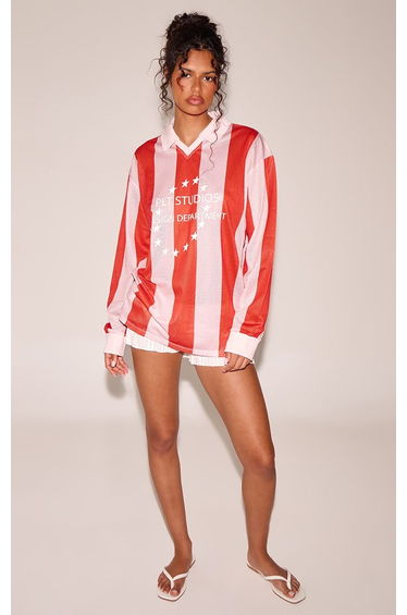 Pink Striped Printed Long Sleeve Football Jersey