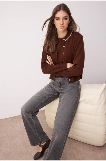 Brown Stone Detailed Soft Texture Knitted Cardigan