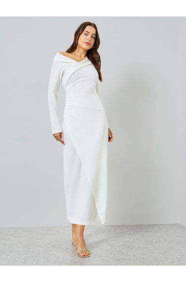 Off-White Asymmetric Neck Long Sleeve Maxi Dress