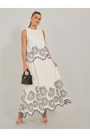Embroidered A-Line Maxi Skirt with Scallop Hem