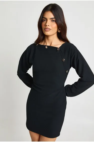 Balloon Sleeve Gold Button Bluson Mini Dress - black