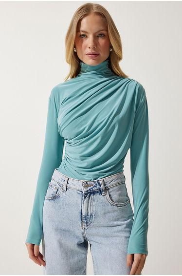 Women's Aqua Green Gathered Detailed High Neck Sandy Blouse