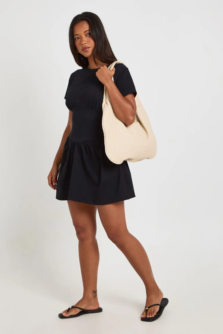 skater dress cap sleeve Baby Blue boohoo Cotton Cinched Waist Cap Sleeve Skater Dress